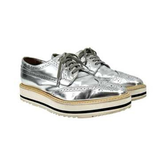Prada Shoes - Prada Metallic Silver Leather Platform Brogue Derby Oxfords 23cm Cyberpunk Space